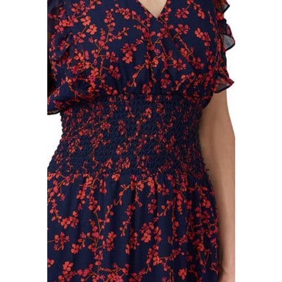 Slate & Willow Navy Smocked Waist Red Orange Printed Florals Dress Size XS - Picture 3 of 15